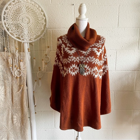 Forever 21 Boho Turtleneck Papaya Orange Poncho Sweater - Picture 2 of 7
